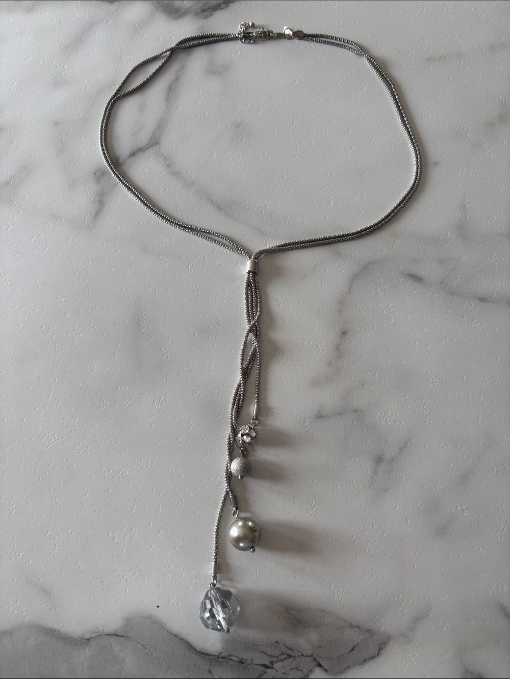 Lia Sophia Silver Lariat Necklace with Pearls and Crystal Pendant